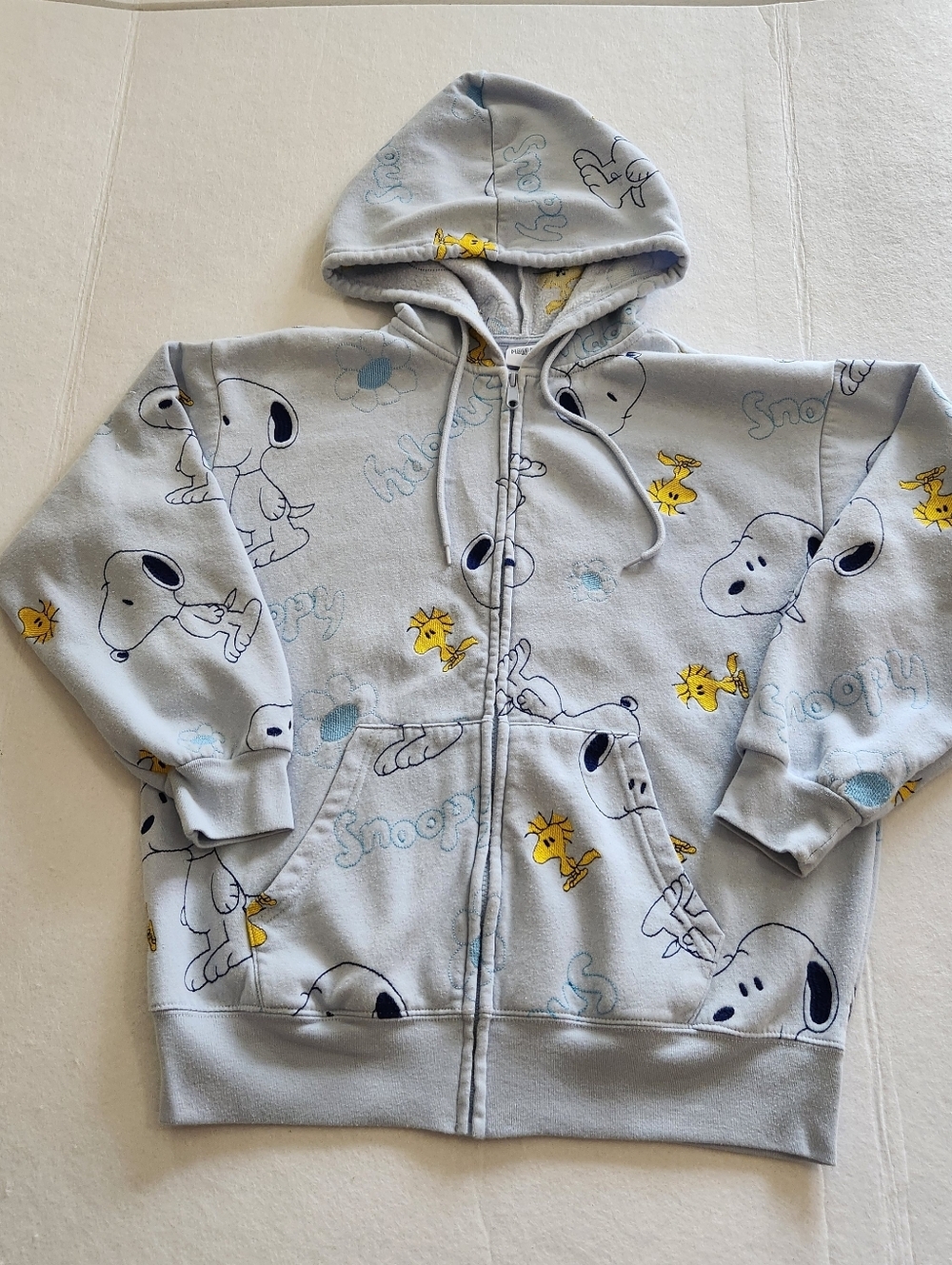 Peanuts Light Blue Snoopy & Woodstock Full-Zip Hoodie Size Medium